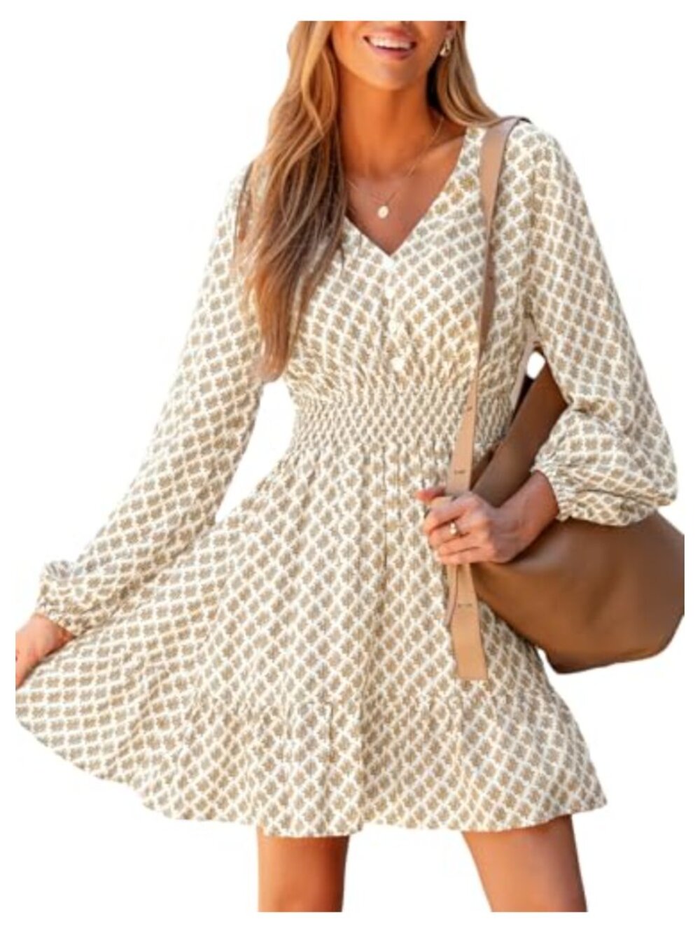 V Neck Print Sleeveless Mini Dress Smocked Waist Button Casual A-Line